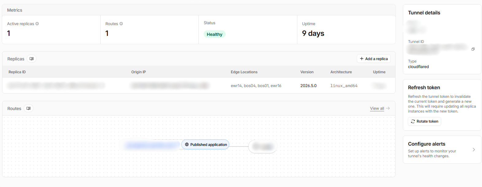 Cloudflare Tunnel dashboard showing a healthy tunnel with 9 days uptime